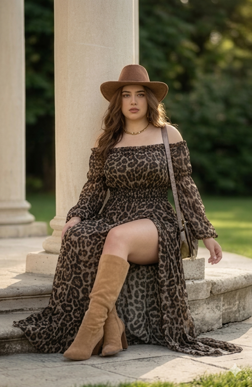 Vestido de leopardo con apertura y manga larga