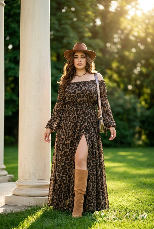 Vestido de leopardo con apertura y manga larga