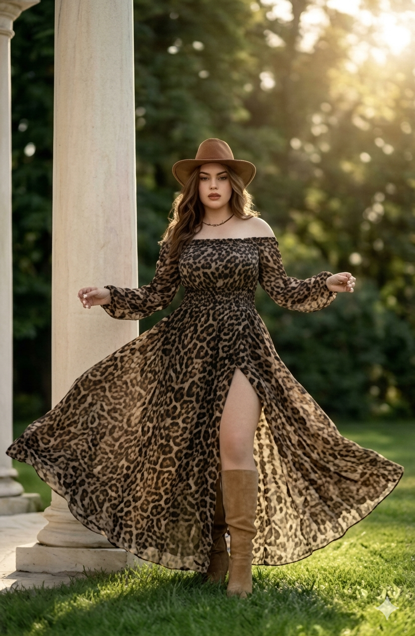 Vestido de leopardo con apertura y manga larga