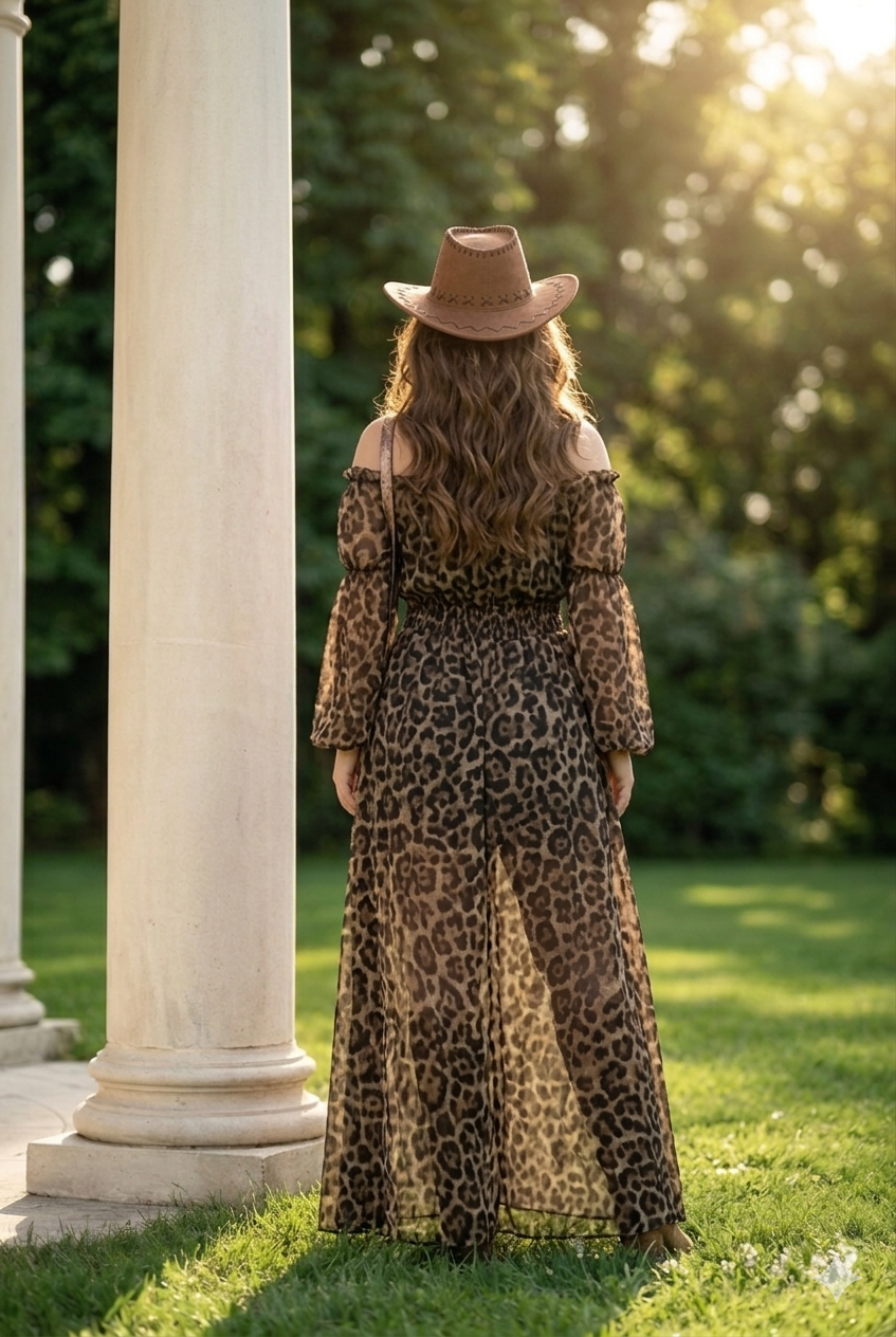 Vestido de leopardo con apertura y manga larga