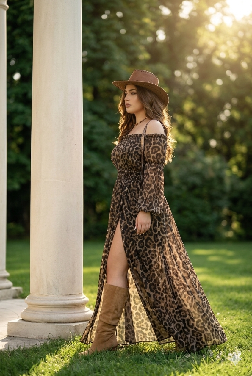Vestido de leopardo con apertura y manga larga